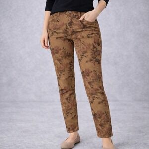 Peruvian Connection Floral Print Chino Pants Tan Brown Women US 8